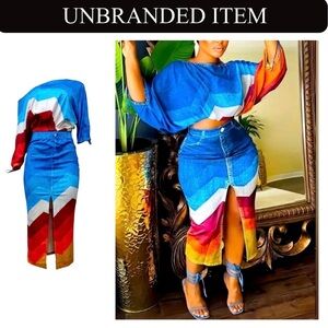 2 Piece: Multi-Color Denim Print Top & Half Skirt Suit, NWOT